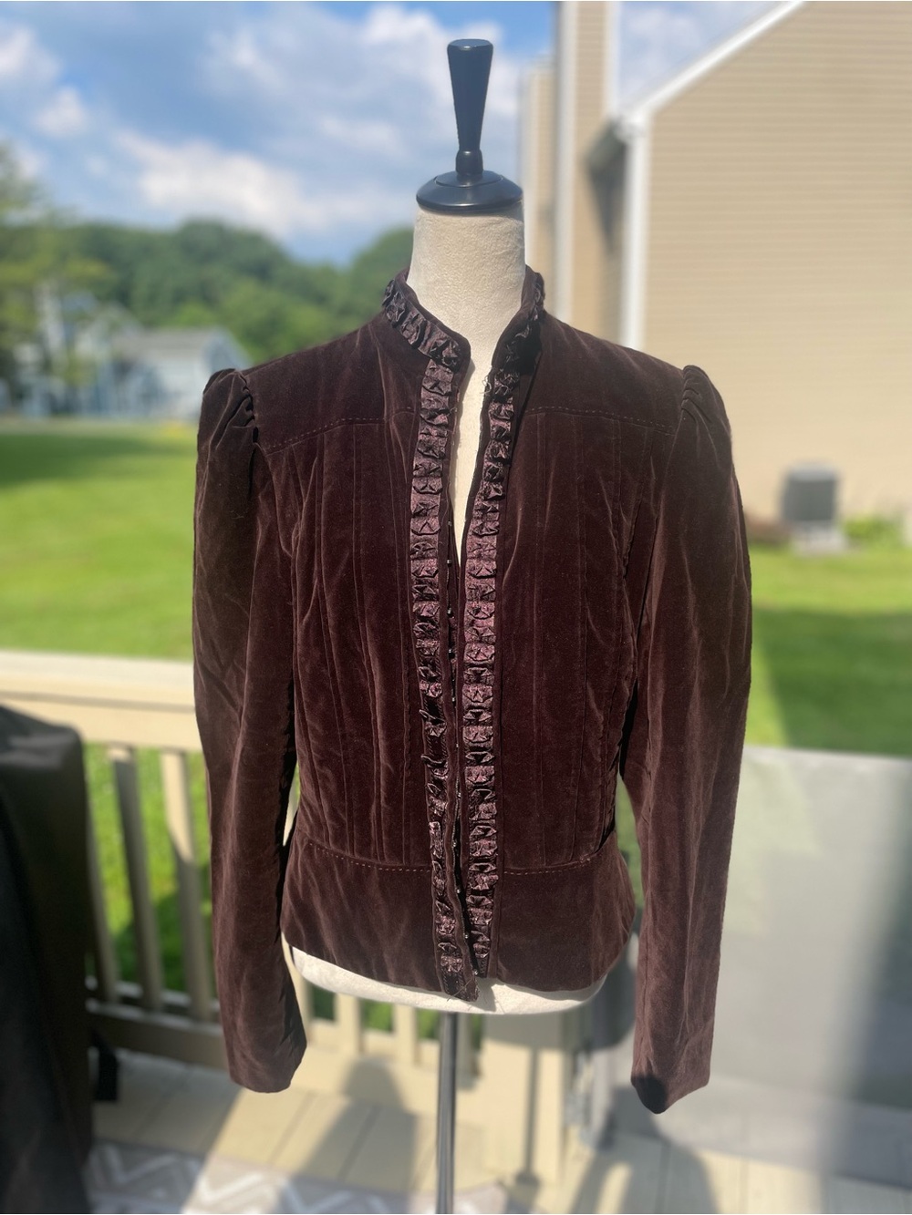 Peter Nygard Chocolate Brown Velvet Ruffle-Trim Jacket